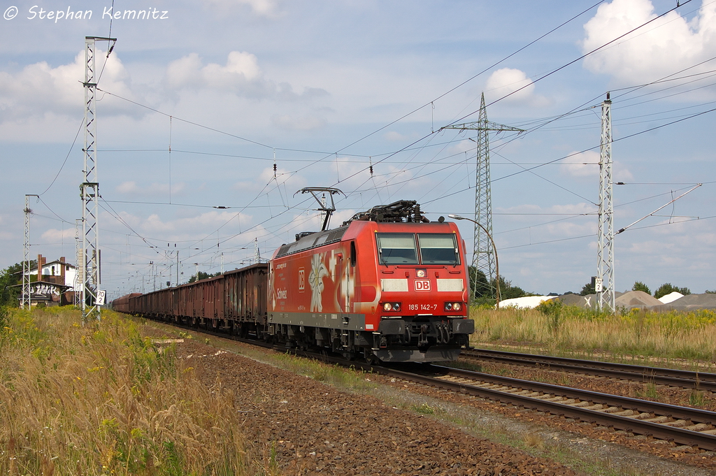 185 142-7  Edelwei�  DB Schenker Rail Deutschland AG mit einem G�terzug in Satzkorn und fuhr in Richtung Golm weiter. 23.08.2013