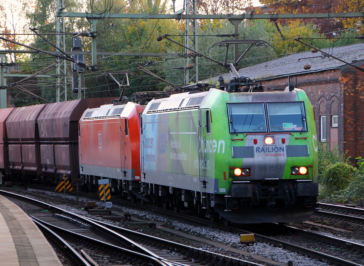 185 152-6 K+S und 153-4 mit dem leeren Kohlependel zum Hansa-Port im Hamburger Hafen aufgenommen im Bhf HH-Harburg 01.11.2014