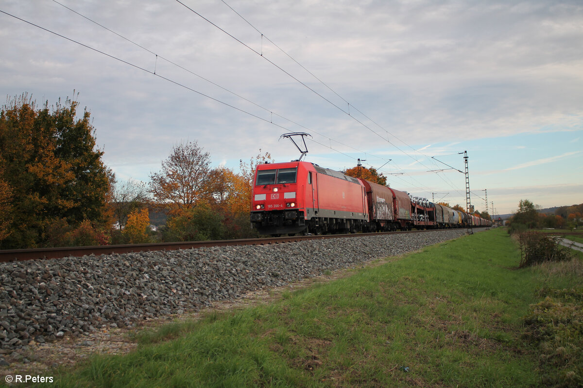 185 266-4 zieht mit einem Mischer bei Thüngersheim in Richtung Norden. 21.10.24