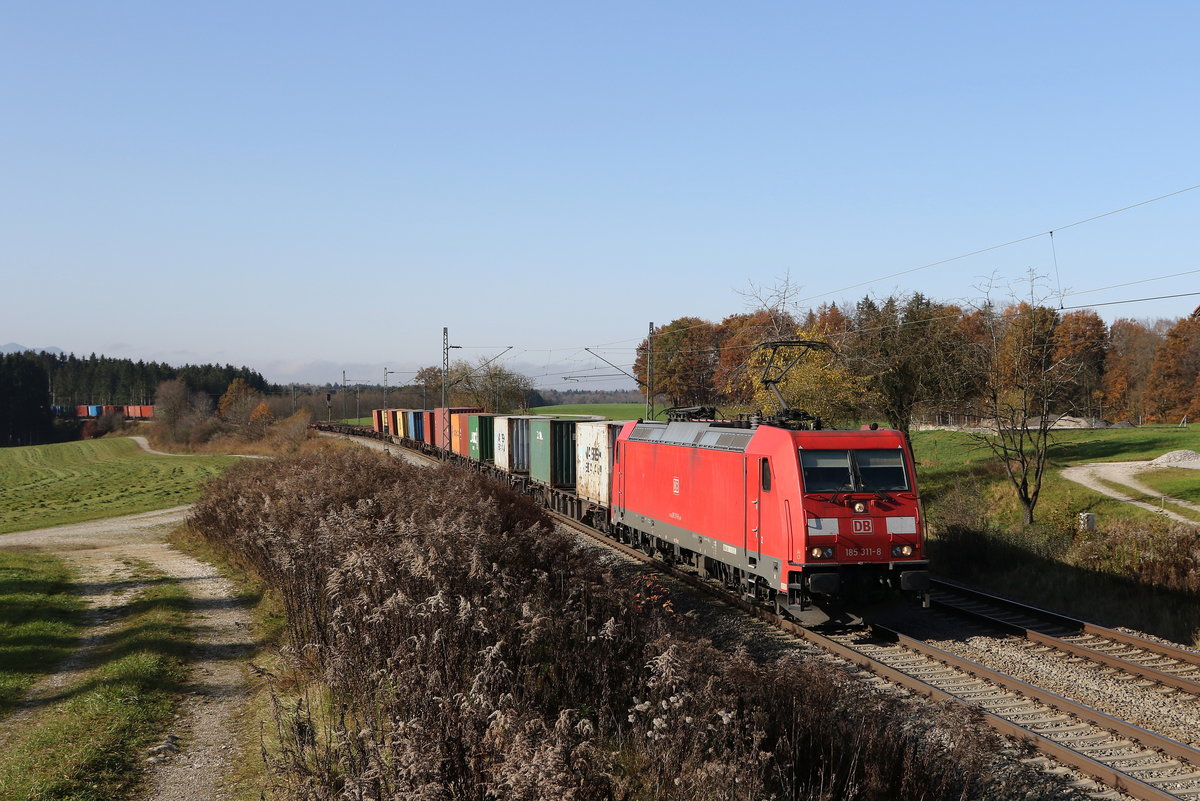 185 311 war am 9. November 2020 bei Grabensttt im Chiemgau in Richtung Freilassing unterwegs.