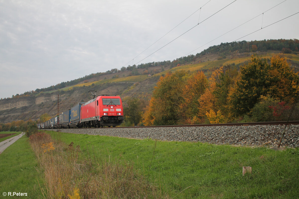 185 316-7 zieht mit einem WEchselpritschenzug LKW-Walter bei Thüngersheim in Richtung Süden. 20.10.24