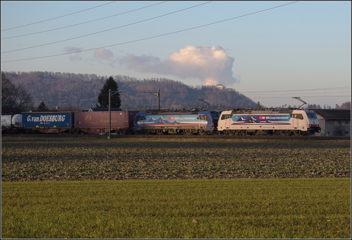 186 909 der Ralpin und 193 529 der SBBCI in Hendschiken. Januar 2022. 