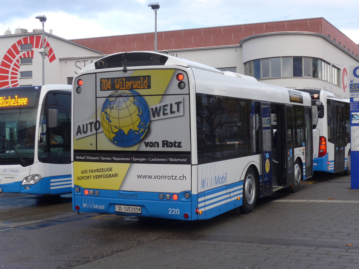 (186'121) - WilMobil, Wil - Nr. 220/SG 145'201 - Solaris am 27. Oktober 2017 beim Bahnhof Wil