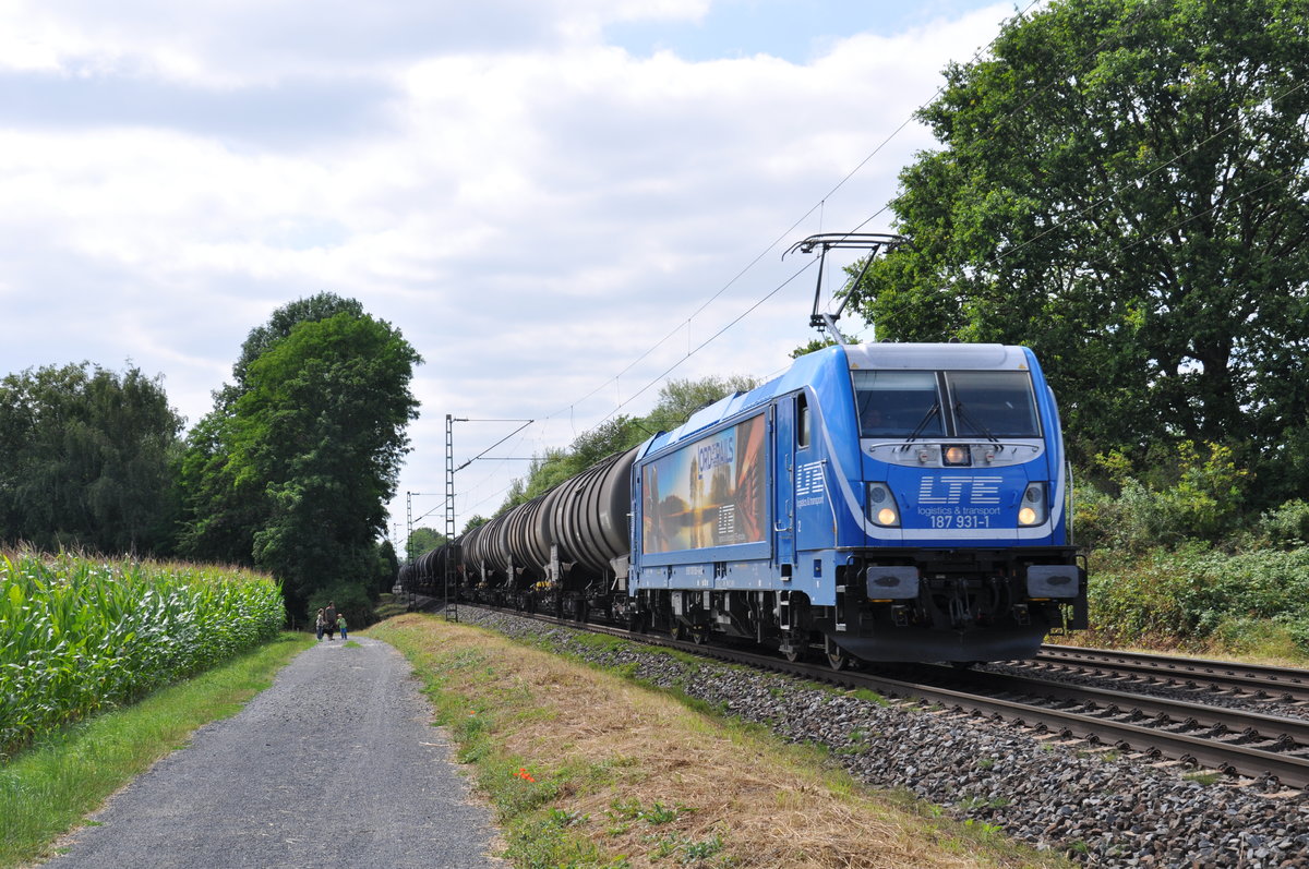 187 931-1 fuhr am 15.07.2019 mit ihrem Kesselzug durch Maintal Ost in Richtung Hanau. 