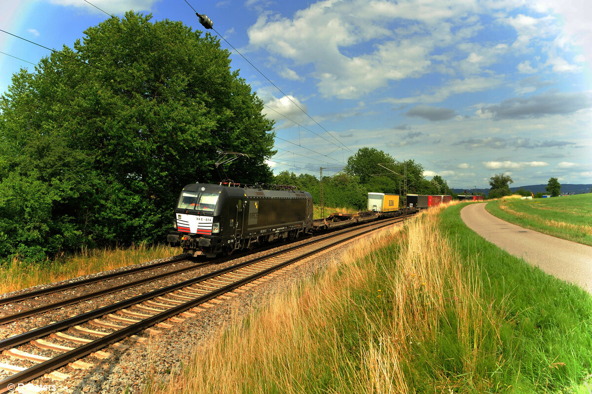 193 614 zieht ein Containerzug bei Pölling in Richtung Nürnberg. 16.07.23