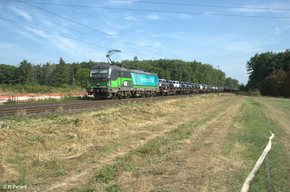 193 756  750  zieht mit einem Autotransportzug durch Mainz Bischofsheim Netztrennstelle. 01.09.24