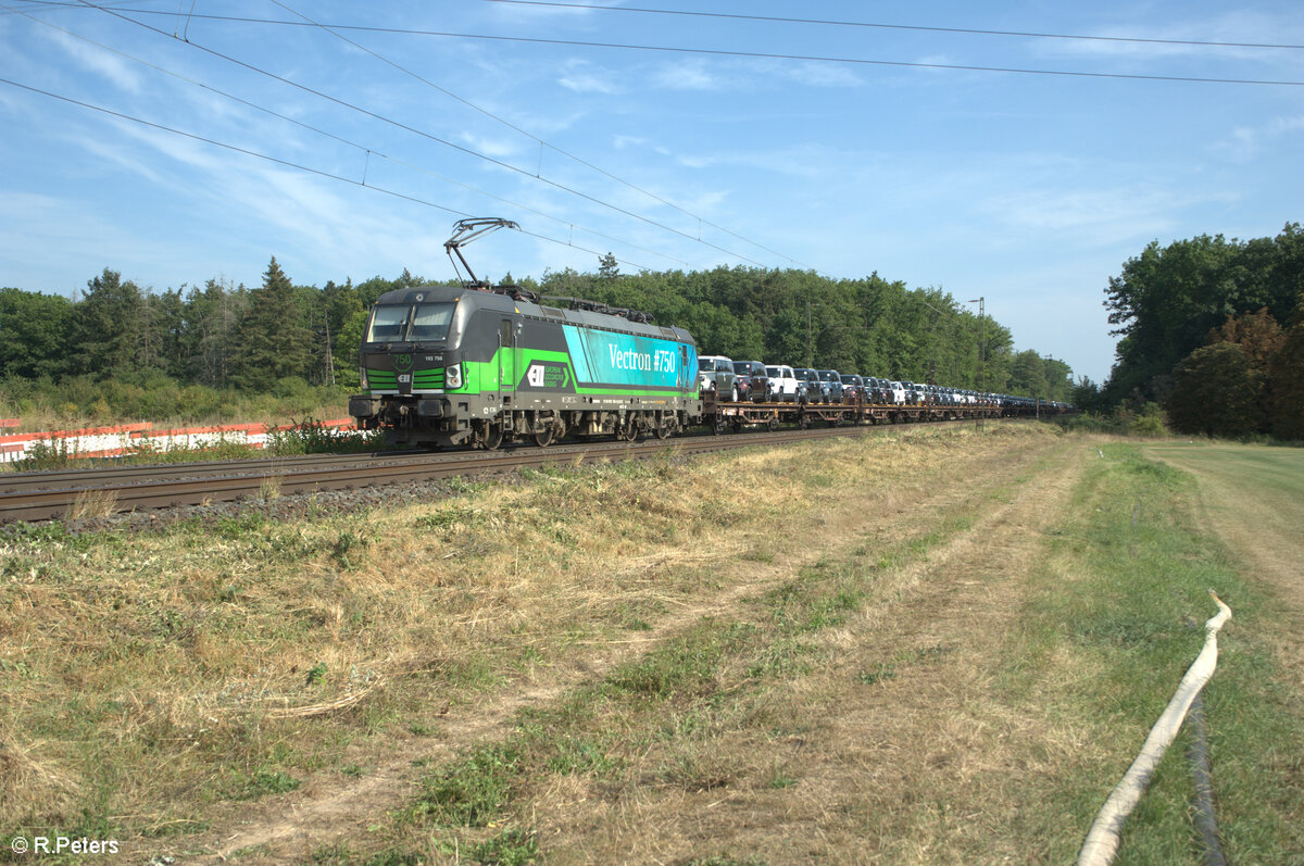 193 756  750  zieht mit einem Autotransportzug durch Mainz Bischofsheim Netztrennstelle. 01.09.24