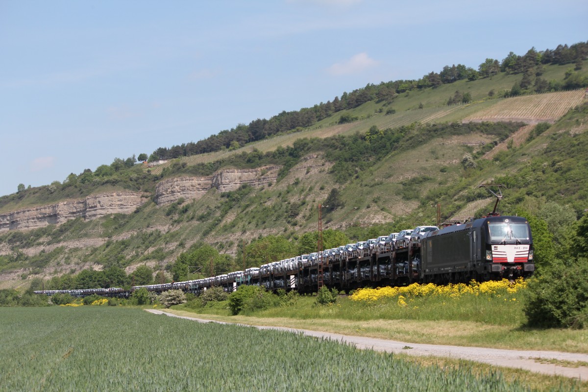 193 856 befrdert am 14. Mai 2015 einen Autozug durch das Maintal in Richtung Wrzburg. Aufgenommen kurz vor Thngersheim.