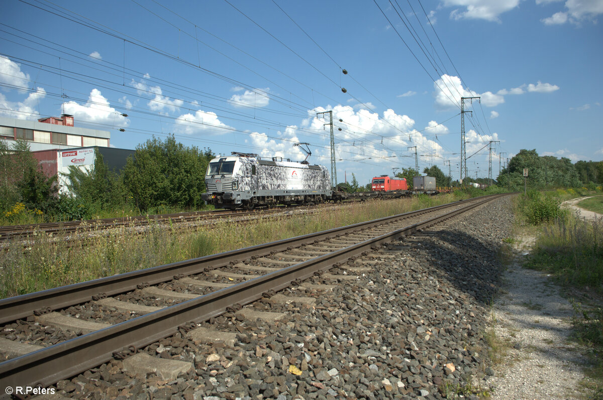 193 997-4 Pferdelok  Wir bringen die Kraft von 8500 Pferde auf die Schiene  zieht mit einem Wechselpritschenzug durch Nürnberg Hohe Marter. 13.08.24