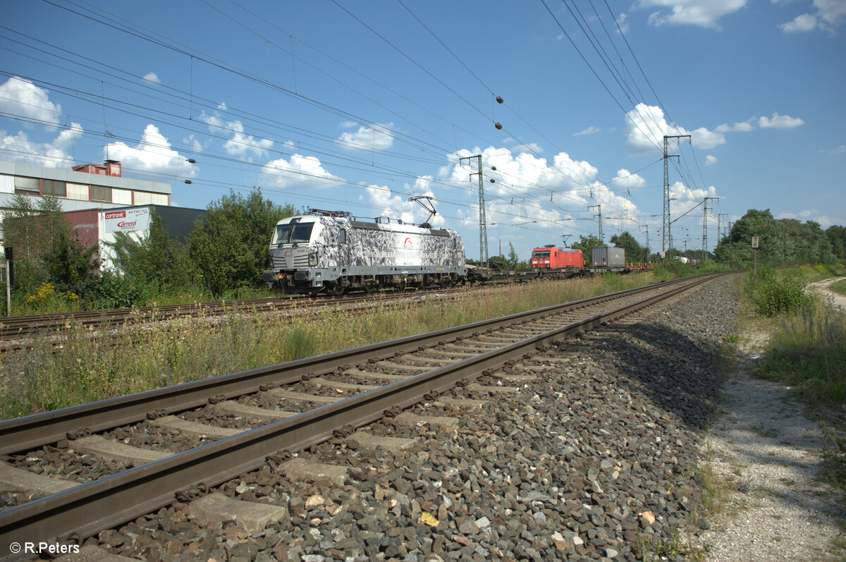 193 997-4 Pferdelok  Wir bringen die Kraft von 8500 Pferde auf die Schiene  zieht mit einem Wechselpritschenzug durch Nürnberg Hohe Marter. 13.08.24