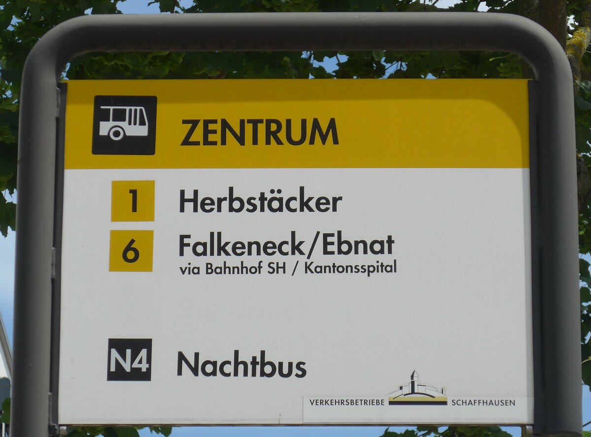 (193'952) - VERKEHRSBETRIEBE SCHAFFHAUSEN-Haltestellenschild - Neuhausen, Zentrum - am 10. Juni 2018