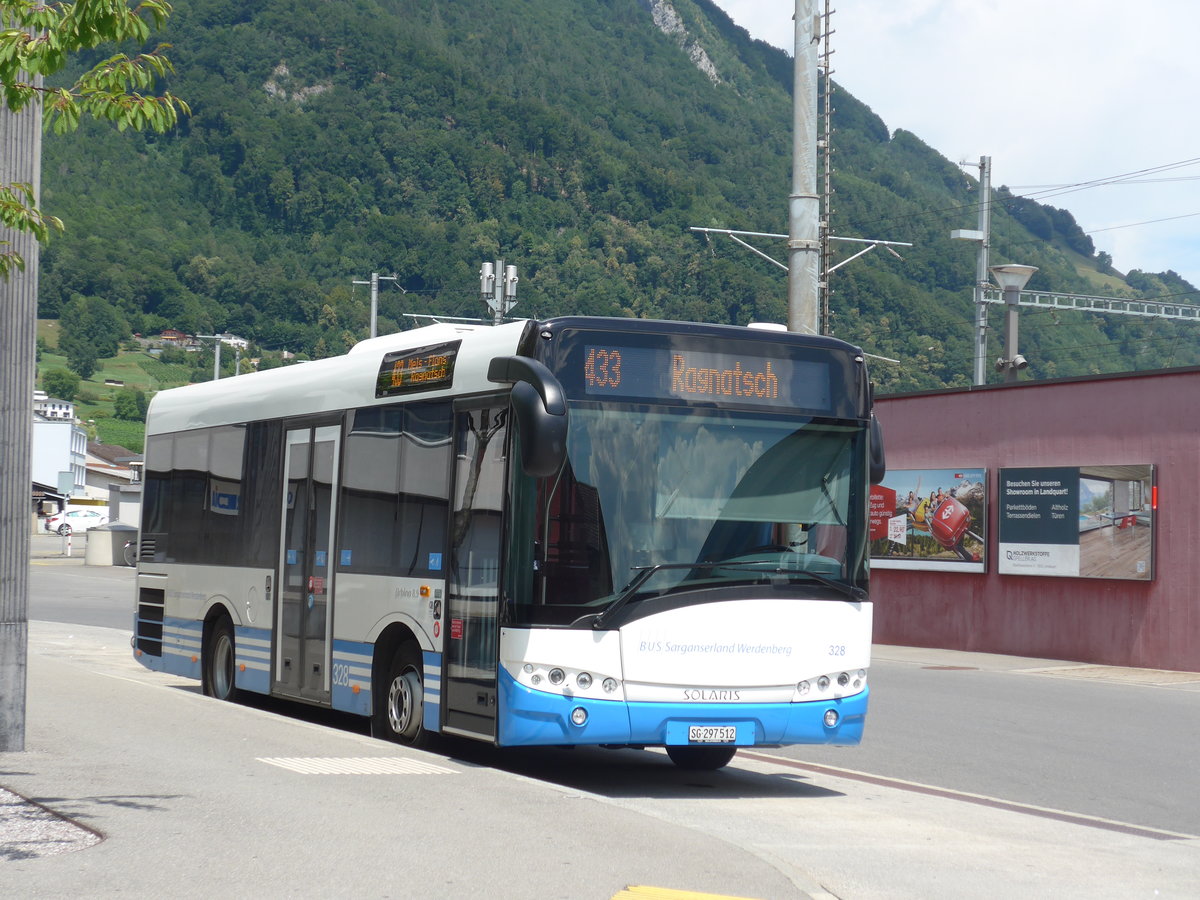 (194'846) - BSW Sargans - Nr. 328/SG 297'512 - Solaris am 15. Juli 2018 beim Bahnhof Sargans