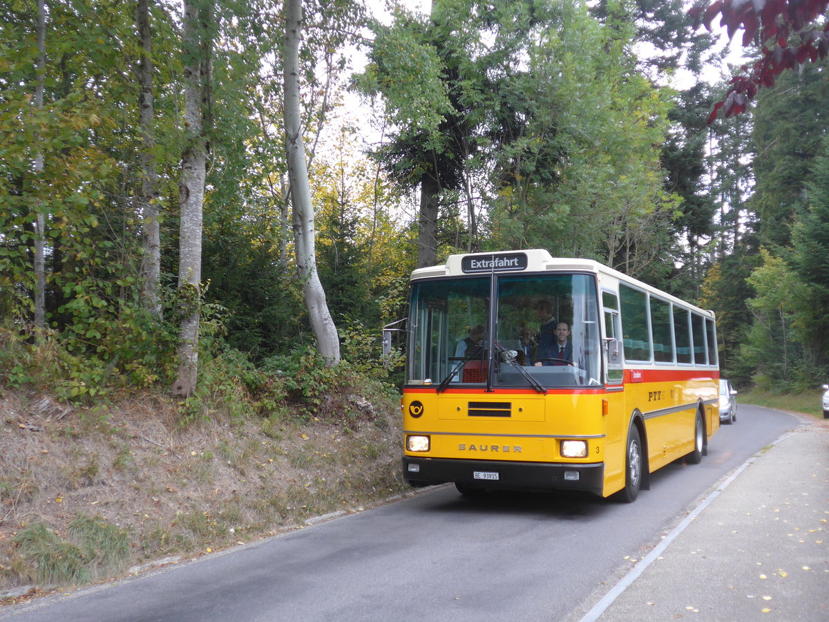 (198'099) - Kolb, Grasswil - Nr. 3/BE 93'915 - Saurer/R&J (ex Schmocker, Stechelberg Nr. 3; ex Nr. 1; ex Gertsch, Stechelberg Nr. 1) am 1. Oktober 2018 in Emmenmatt, Moosegg