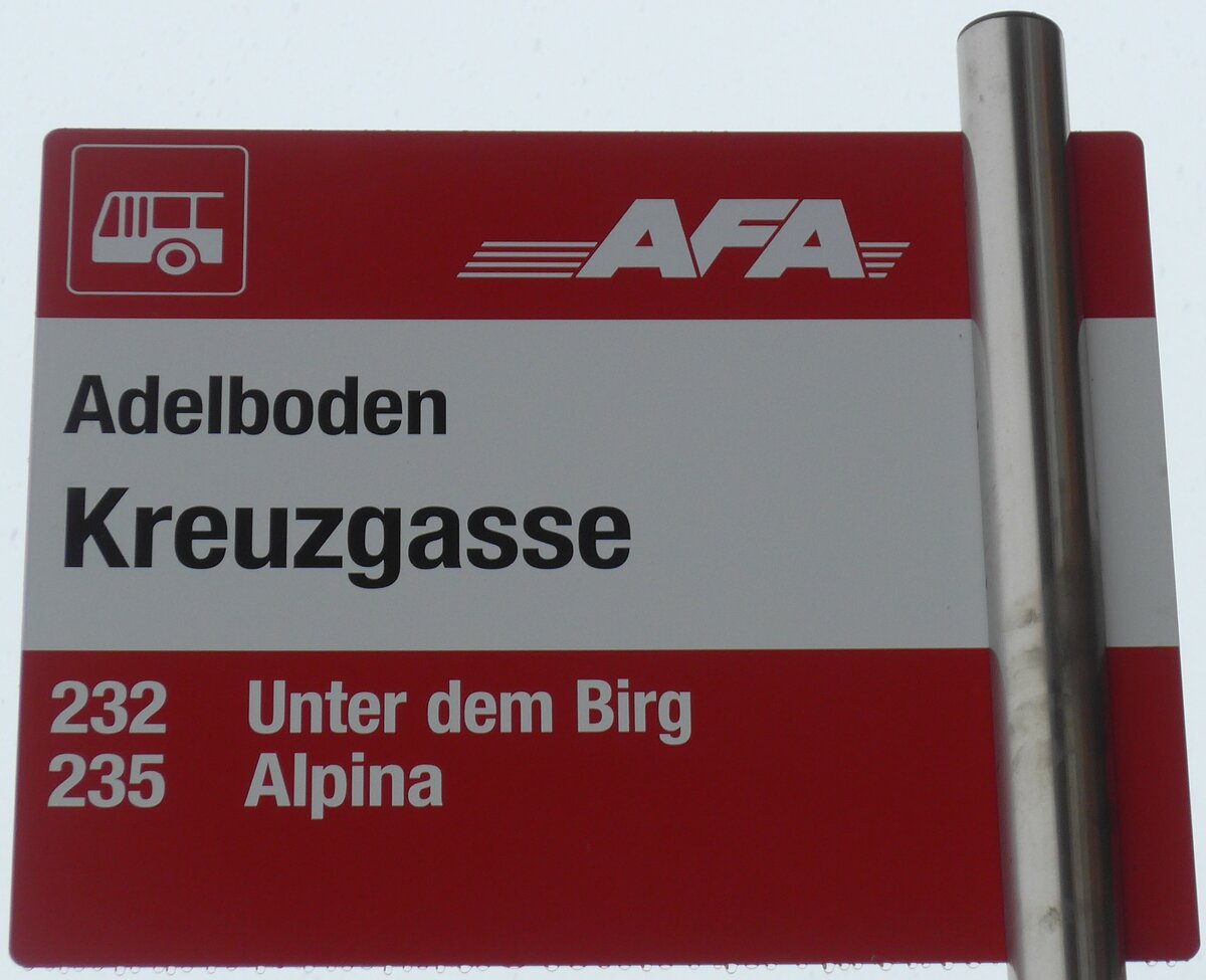 (201'143) - AFA-Haltestellenschild - Adelboden, Kreuzgasse - am 13. Januar 2019