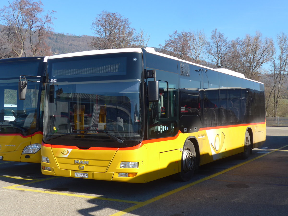 (201'594) - CarPostal Ouest - JU 41'772 - MAN/Gppel (ex Rmocar, Mervelier; ex CJ Tramelan Nr. 203) am 16. Februar 2019 in Develier, Parkplatz