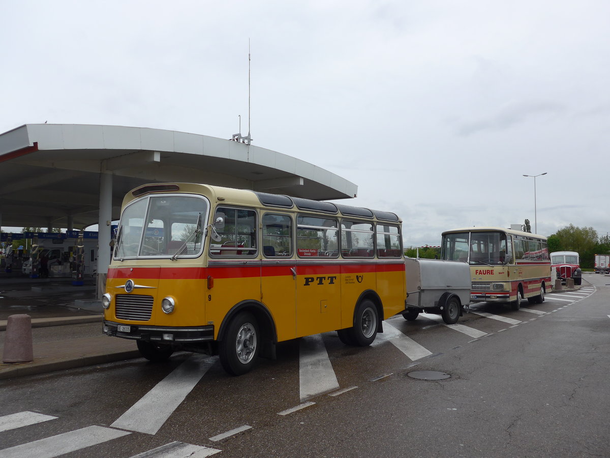 (203'939) - Aus der Schweiz: Schmid, Thrishaus - Nr. 9/BE 26'105 - Saurer/R&J (ex Geiger, Adelboden Nr. 9) am 26. April 2019 in Orschwiller, Raststtte