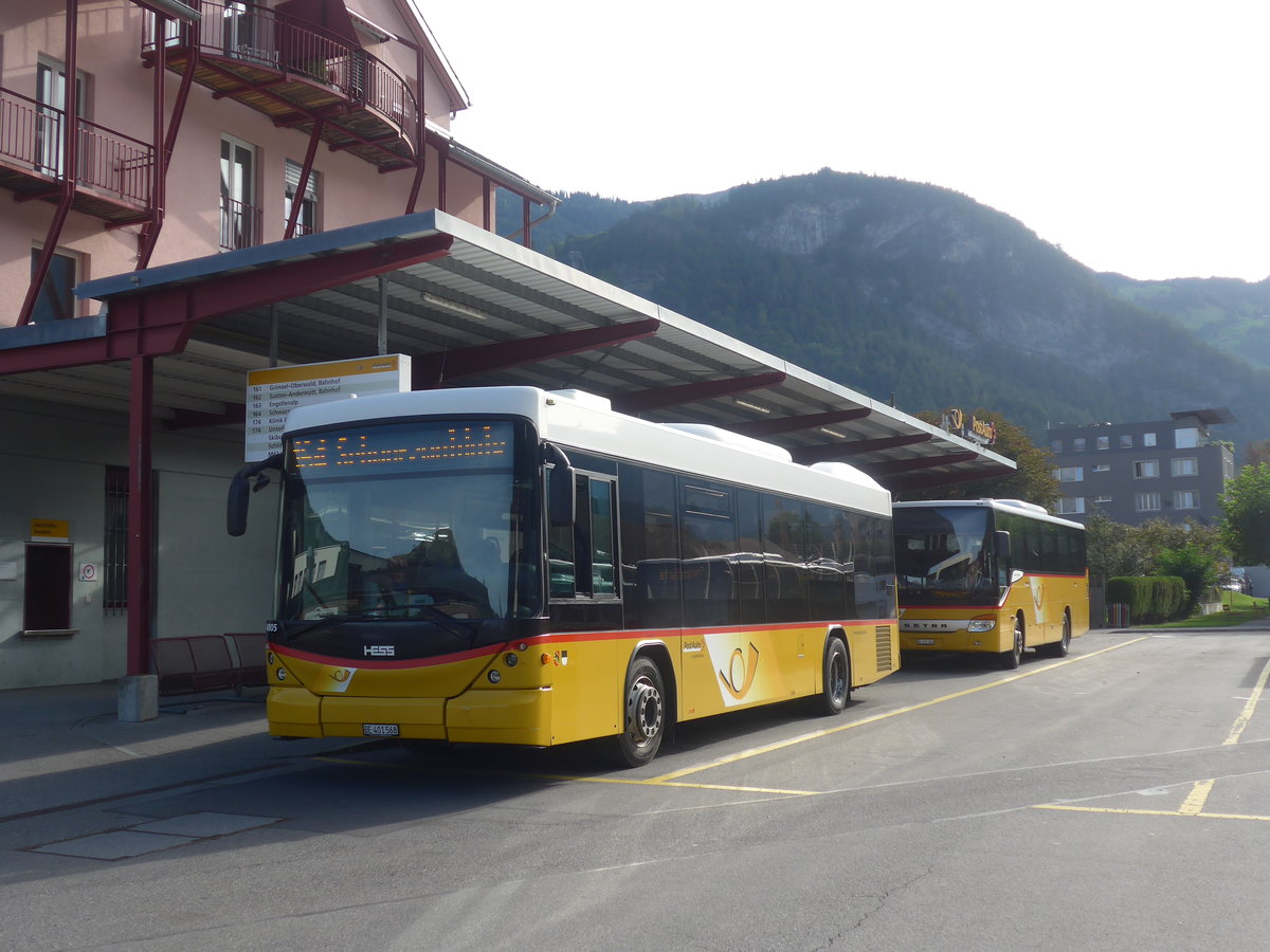 (209'751) - PostAuto Bern - BE 401'568 - Scania/Hess (ex AVG Meiringen Nr. 68; ex AVG Meiringen Nr. 59; ex Steiner, Messen) am 22. September 2019 in Meiringen, Postautostation