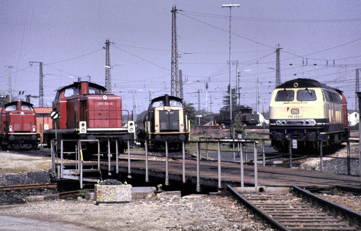212 und 290 154-4; 211 117-7; 218 456-1 und eine 194 im Hintergrund in Donauwörth am 09.05.1981.