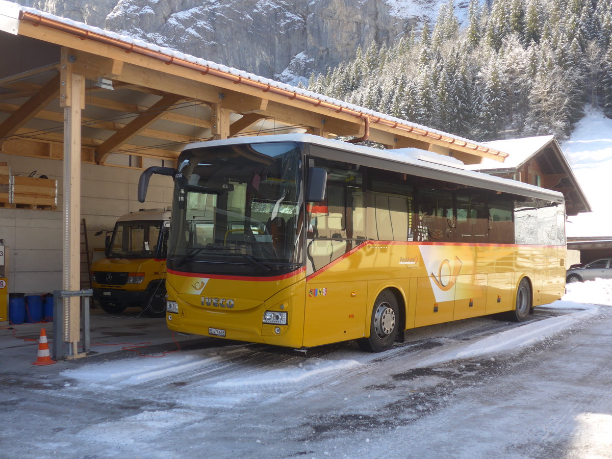(213'910) - PostAuto Bern - BE 474'688 - Iveco am 19. Januar 2020 in Stechelberg, Garage
