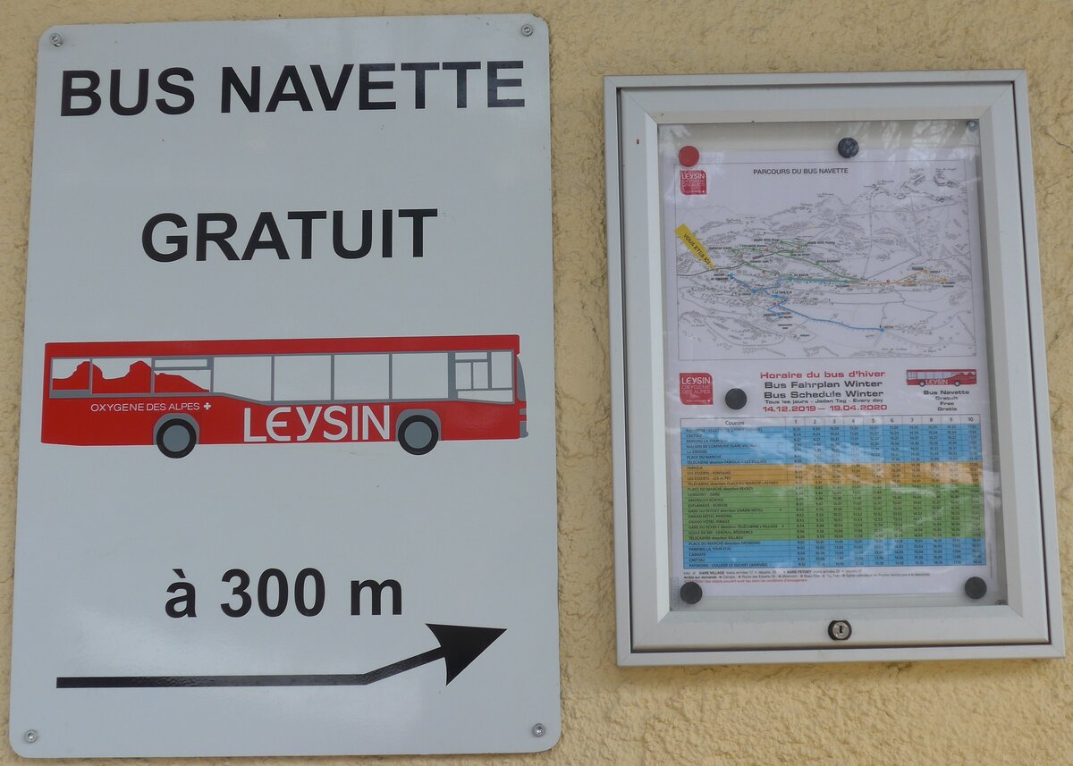 (214'916) - Info Bus Navette Leysinam 29. Februar 2020 beim Bahnhof Leysin Village