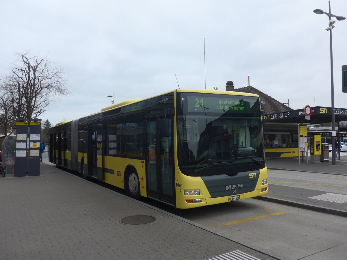 (215'461) - STI Thun - Nr. 146/BE 801'146 - MAN am 22. Mrz 2020 beim Bahnhof Thun