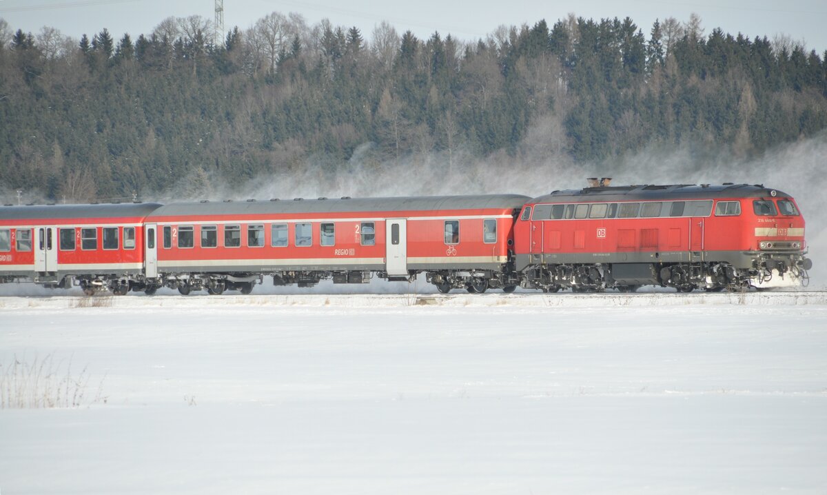 218 464-4 mit Nahverkehrszug in Bellenberg am 01.02.2010.