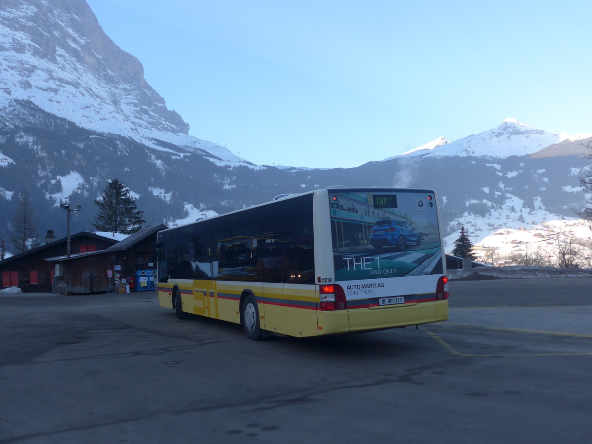 (223'825) - STI Thun - Nr. 129(BE 800'129 - MAN am 28. Februar 2021 beim Bahnhof Grindelwald (Einsatz Grindelwaldbus)