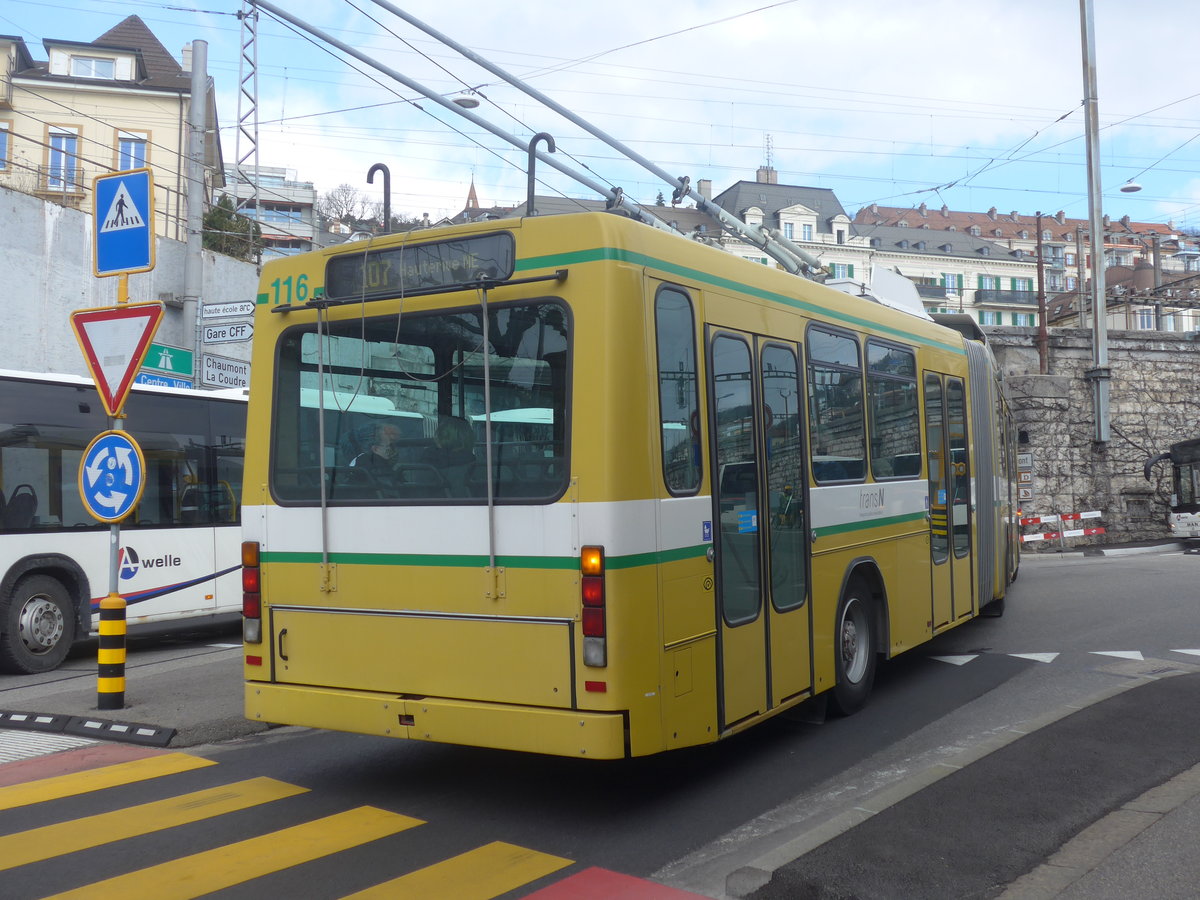 (224'248) - transN, La Chaux-de-Fonds - Nr. 116 - NAW/Hess Gelenktrolleybus (ex TN Neuchtel Nr. 116) am 20. Mrz 2021 beim Bahnhof Neuchtel