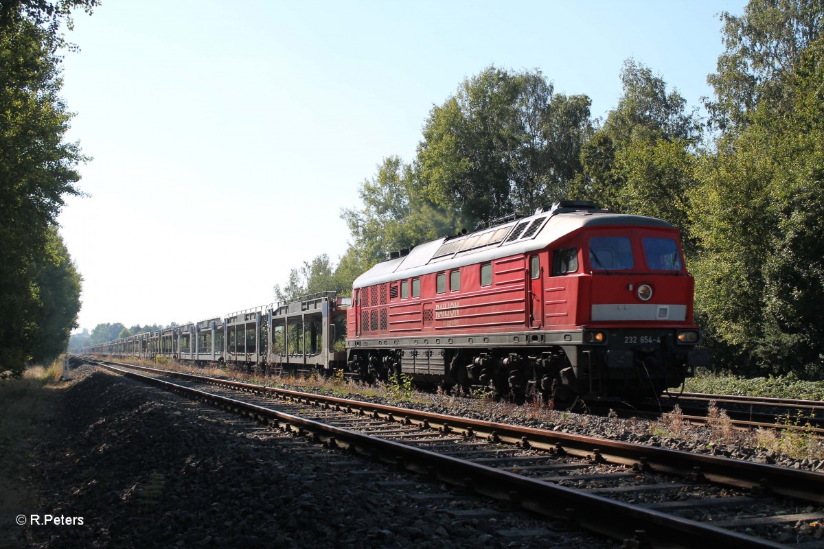 232 654-4 mit dem BGL leer Autozug nach Cheb bei Sch�nfeld. 01.10.13