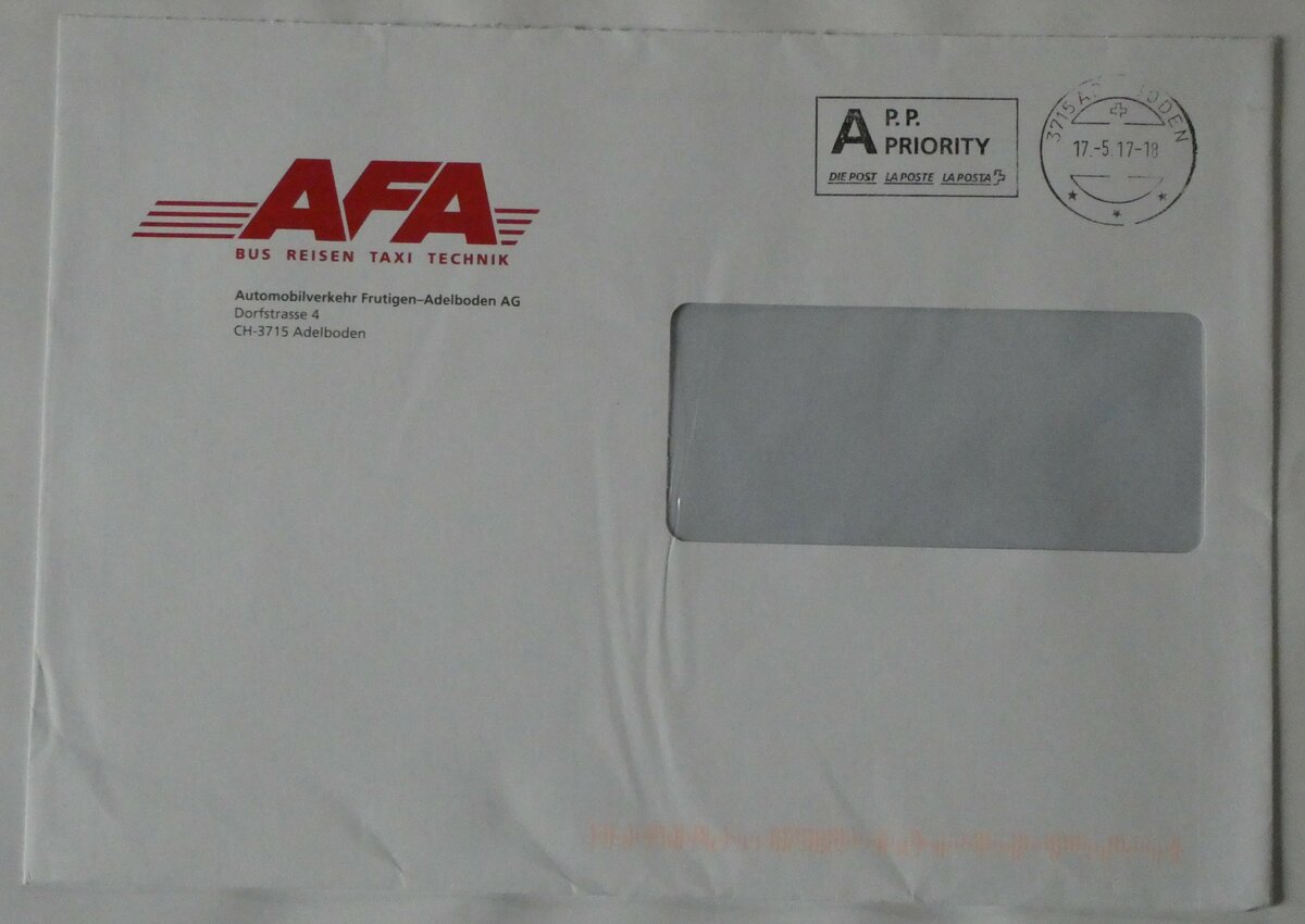 (232'001) - AFA-Briefumschlag vom 17. Mai 2017 am 15. Januar 2022 in Thun