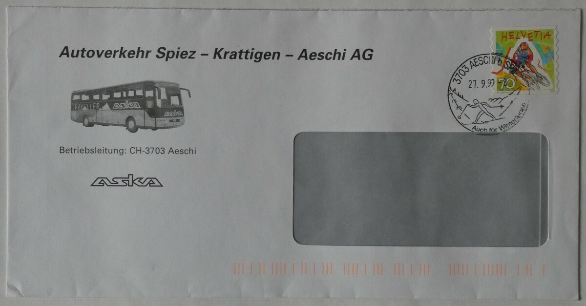(233'050) - ASKA-Briefumschlag vom 27. September 1999 am 21. Februar 2022 in Thun
