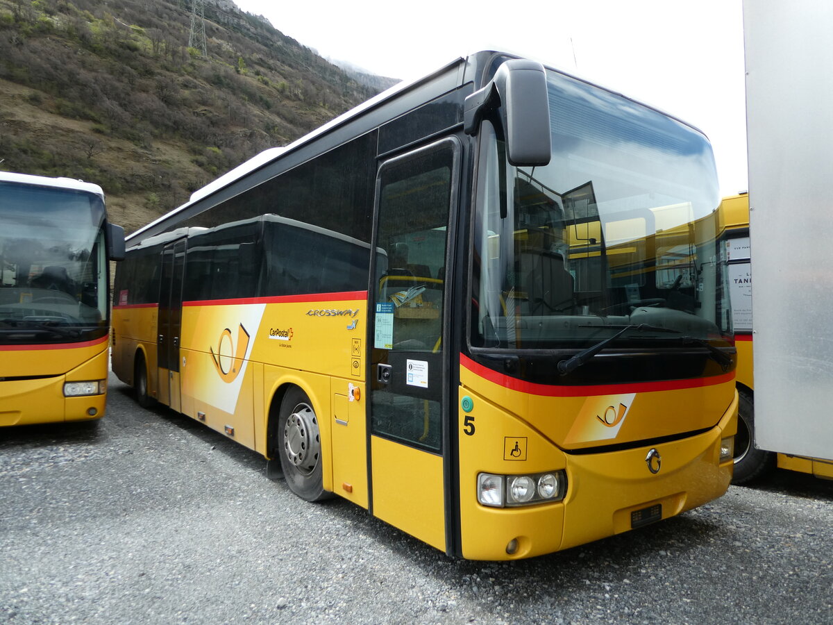 (234'266) - PostAuto Wallis - Nr. 5 - Irisbus am 9. April 2022 in Saxon, Garage Visa