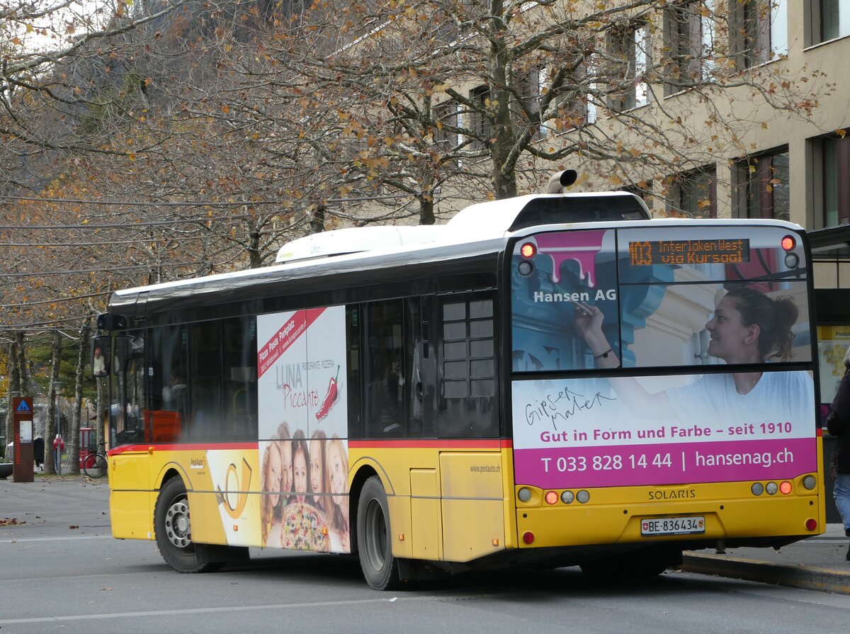 (243'093) - PostAuto Bern - BE 836'434 - Solaris (ex Nr. 581) am 22. November 2022 beim Bahnhof Interlaken Ost