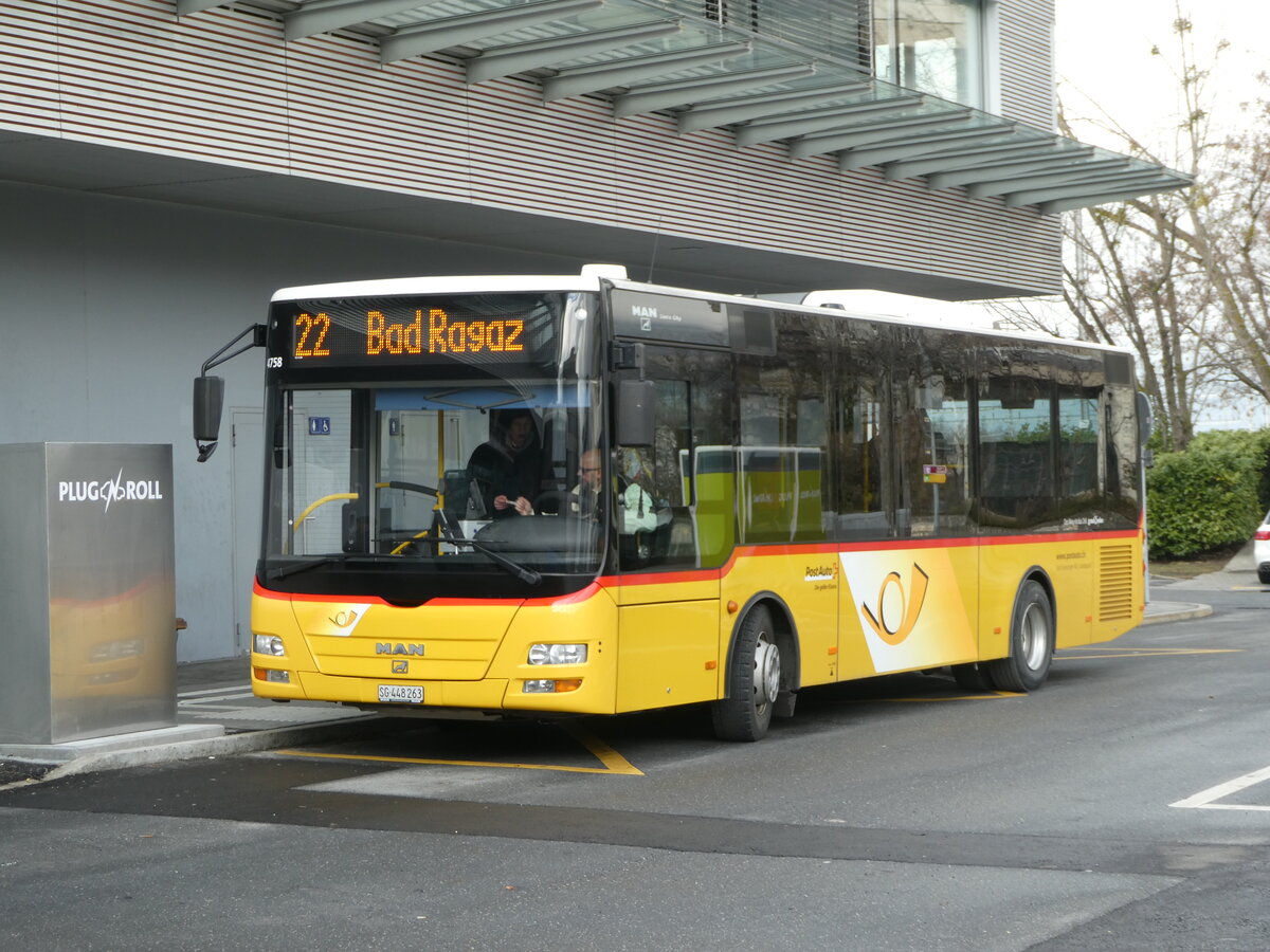 (245'853) - Gessinger, Bad Ragaz - SG 448'263/PID 4758 - MAN/Gppel (ex GR 102'390) am 6. Februar 2023 beim Bahnhof Landquart