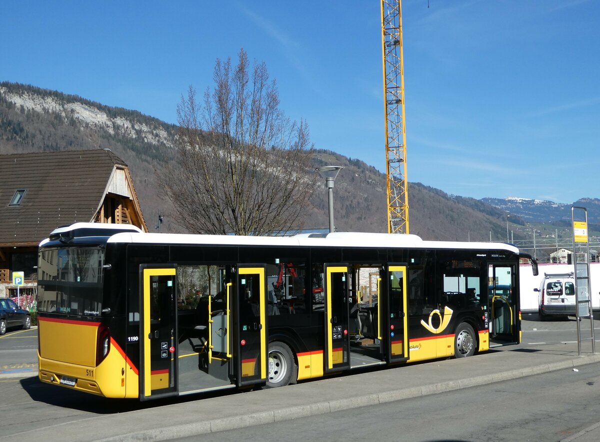 (246'164) - PostAuzto Zentralschweiz - Nr. 511/NW 25'296/PID 11'904 - MAN am 16. Februar 2023 beim Bahnhof Stans