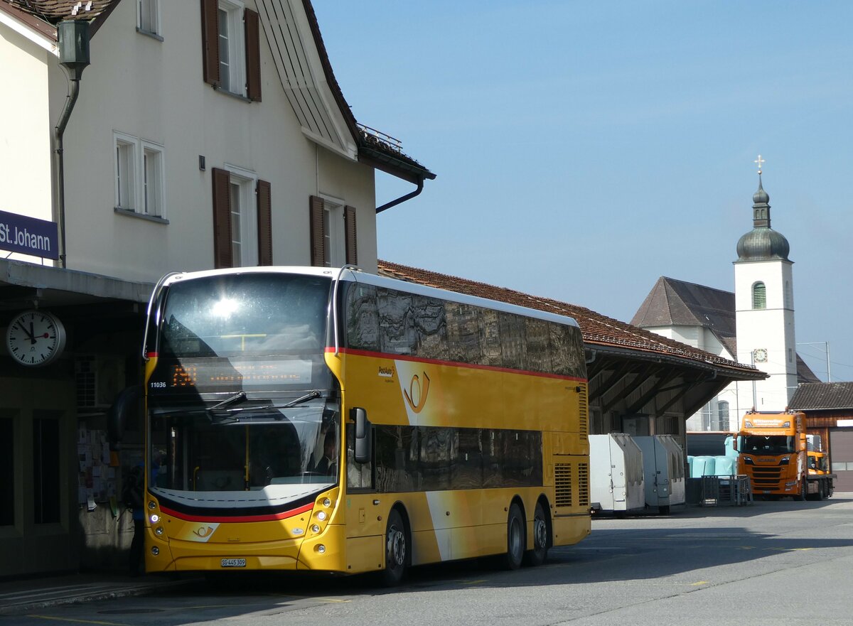 (246'837) - PostAuto Ostschweiz - SG 445'309/PID 11'036 - Alexander Dennis (ex CarPostal Ouest NE 154'830; ex PostAuto Ostschweiz SG 445'309) am 4. Mrz 2023 beim Bahnhof Nesslau-Neu St. Johann