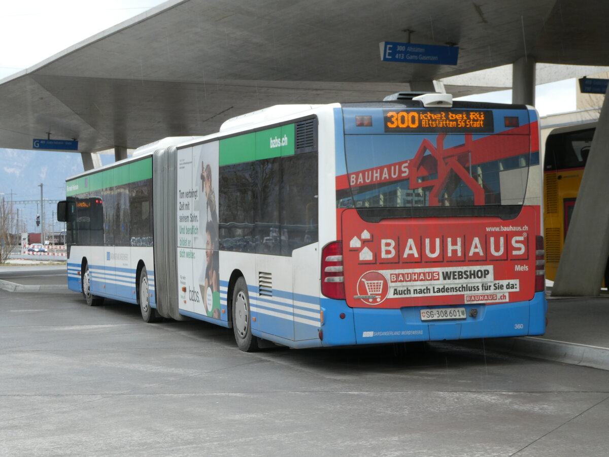 (247'028) - BSW Sargans - Nr. 360/SG 308'601 - Mercedes (ex RTB Altstätten Nr. 360; ex BSW Sargans Nr. 360) am 9. März 2023 beim Bahnhof Buchs