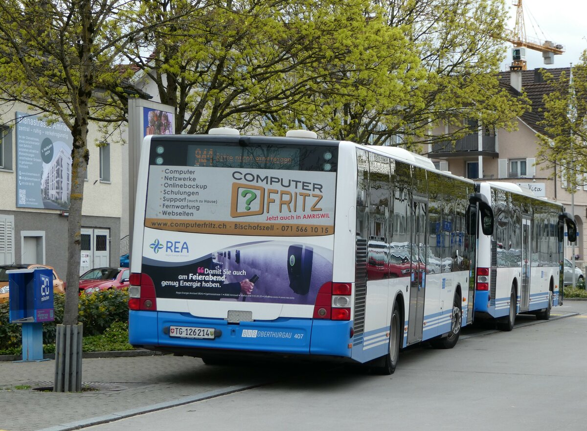 (248'512) - BOTG Amriswil - Nr. 407/TG 126'214 - MAN (ex Nr. 4) am 13. April 2023 beim Bahnhof Amriswil