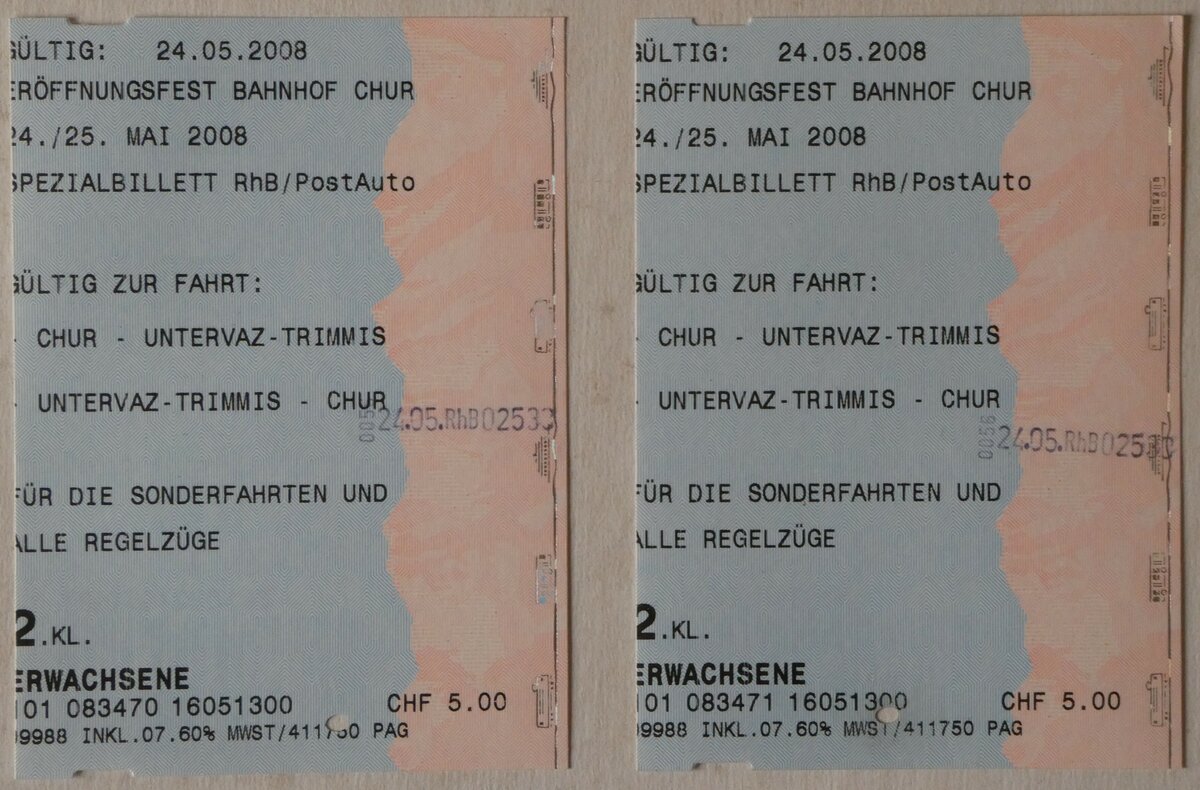 (250'678) - RhB/PostAuto-Spezialbillette vom 24. Mai 2008 am 28. Mai 2023 in Thun 