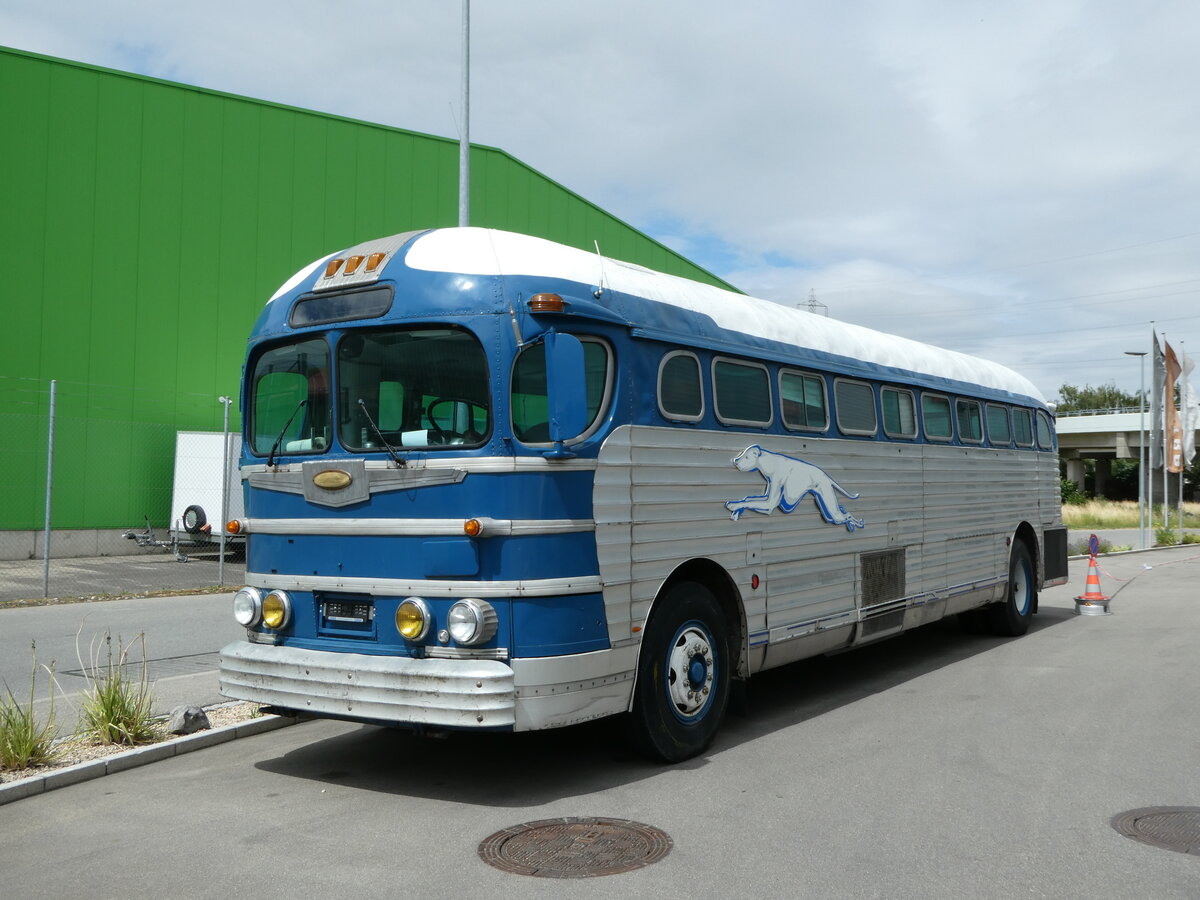 (252'225) - Greyhoundbus, Murten - GMC (ex Wooster, Zrich; ex Northland Greyhound Lines, USA-Minneapolis Nr. N796) am 1. Juli 2023 in Kerzers, Interbus