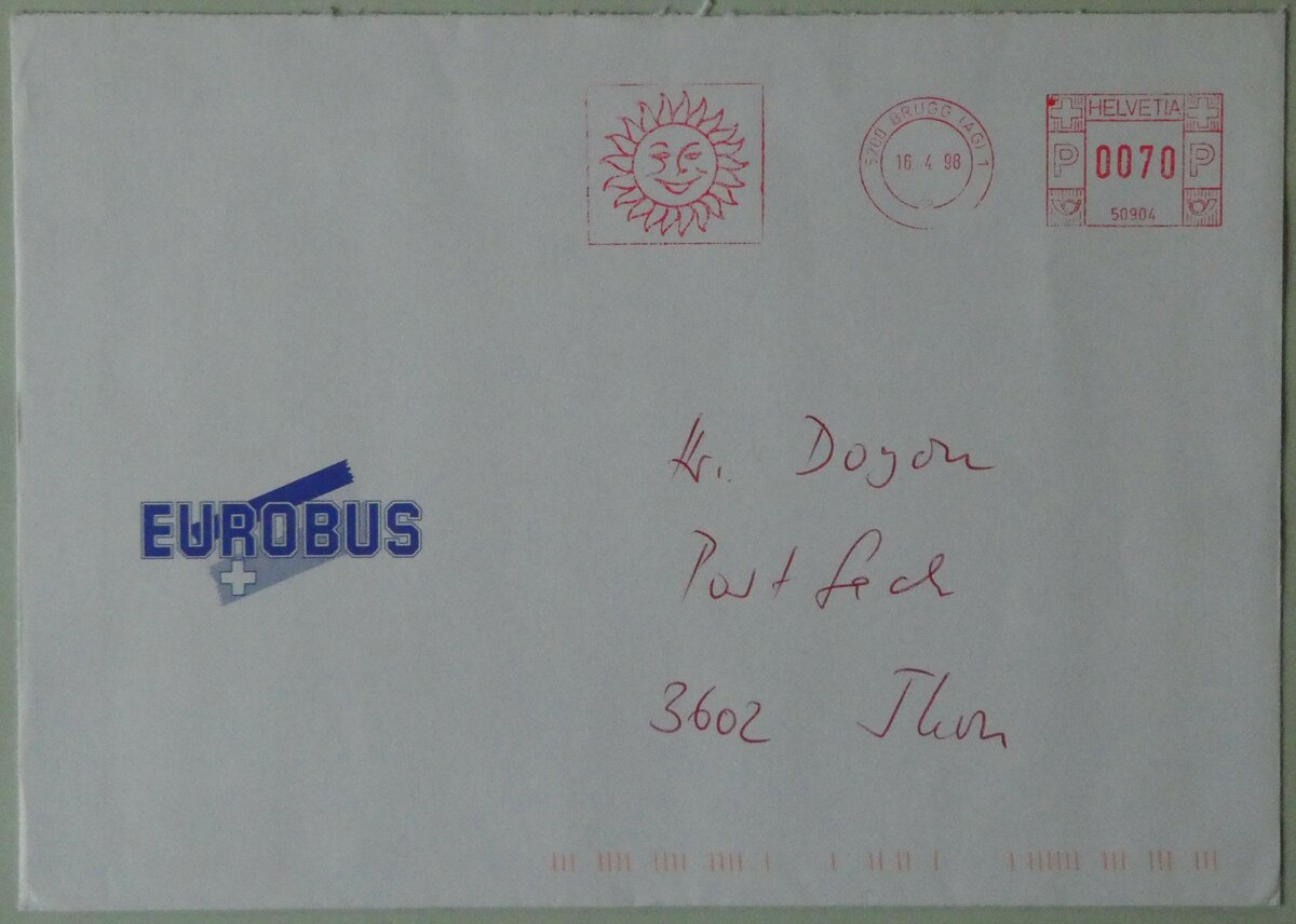 (252'527) - Eurobus-Briefumschlag vom 16. April 1998 am 9. Juli 2023 in Thun