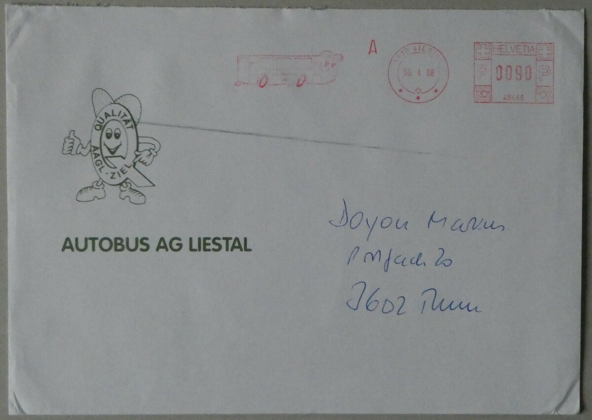 (253'457) - AAGL-Briefumschlag vom 6. April 1998 am 6. August 2023 in Thun