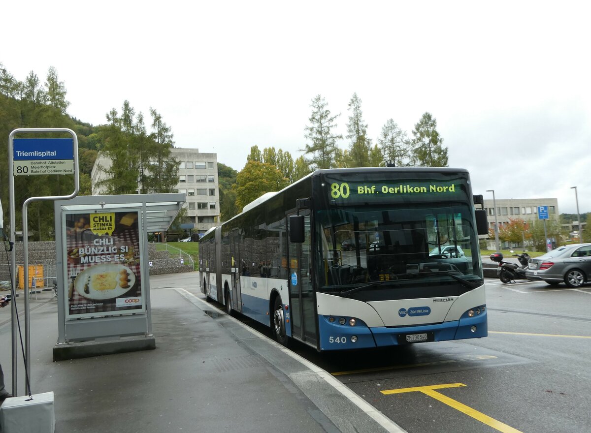 (256'230) - VBZ Z�rich - Nr. 540/ZH 730'540 - Neoplan am 21. Oktober 2023 in Z�rich, Triemlispital