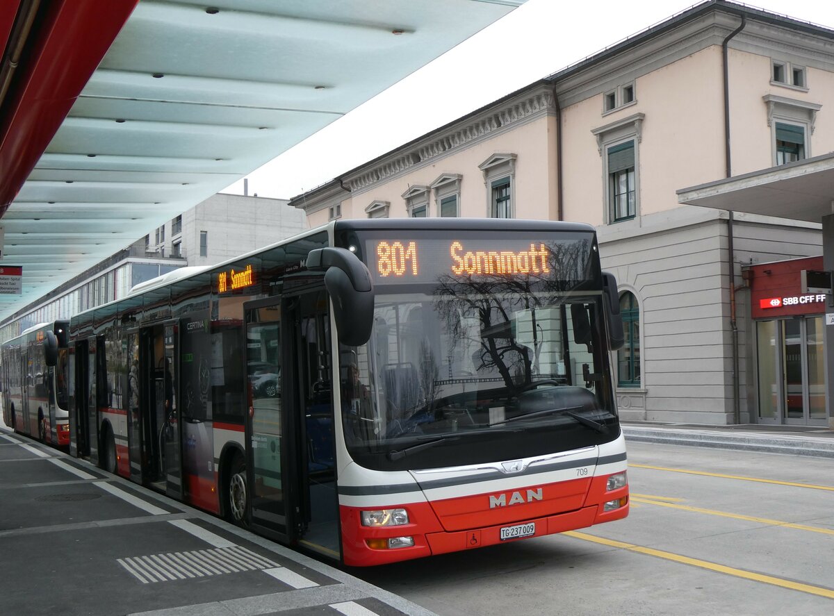 (258'533) - StadtBUS, Frauenfeld - Nr. 709/TG 237'009 - MAN (ex PostAuto Ostschweiz PID 10'033) am 9. Januar 2024 beim Bahnhof Frauenfeld