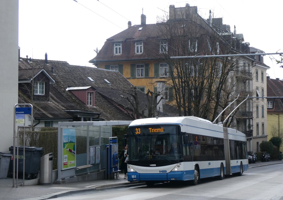 (260'147) - VBZ Zrich - Nr. 181 - Hess/Hess Gelenktrolleybus am 4. Mrz 2024 in Zrich, Klusplatz