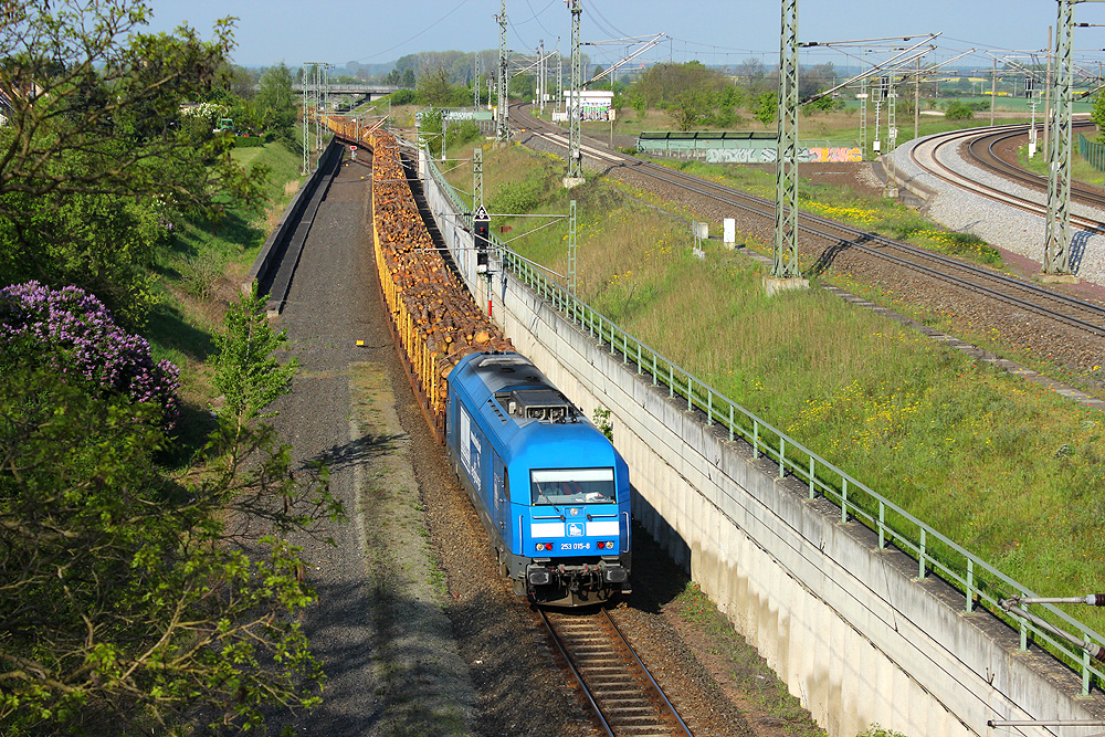 26.04.2014 09:17 Uhr - Press 253 015 fährt mit einem Holzzug aus Richtung Oebisfelde kommend zum Kopfmachen in den Güterbahnhof ein.