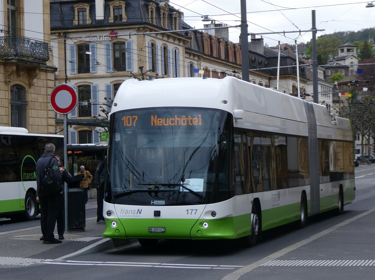 (261'677) - transN, La Chaux-de-Fonds - Nr. 177/NE 209'177 - Hess/Hess Gelenktrolleybus am 23. April 2024 in Neuchtel, Place Pury