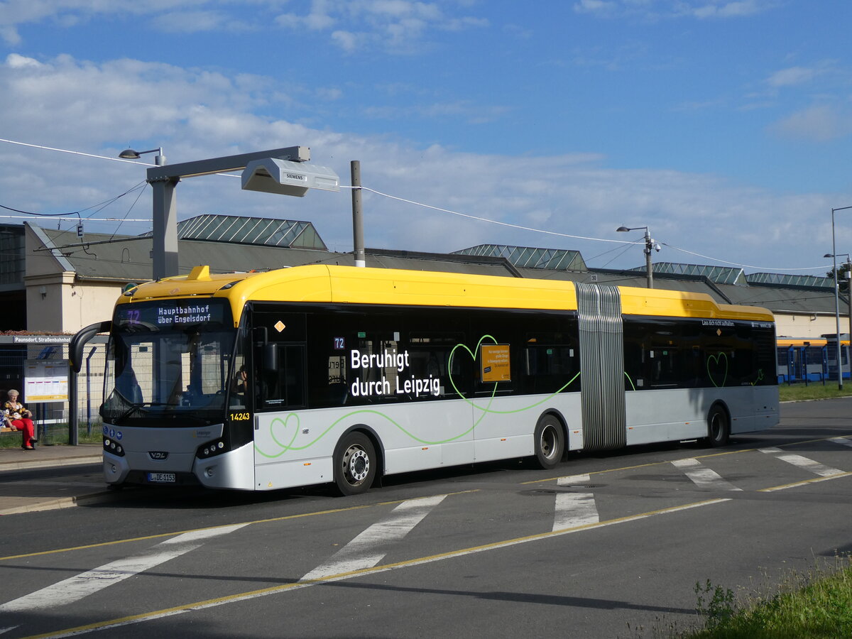 (264'654) - LVB Leipzig - Nr. 14'243/L-DE 1153 - eVDL am 11. Juli 2024 in Leipzig, Paunsdorf Strassenbahnhof