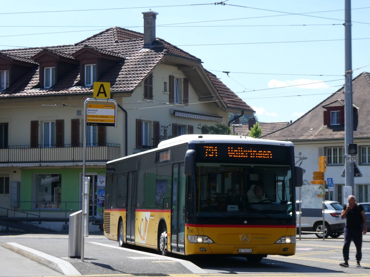 (265'243) - PostAuto Bern - Nr. 536/BE 734'536/PID 5419 - Mercedes am 29. Juli 2024 beim Bahnhof Worb Dorf