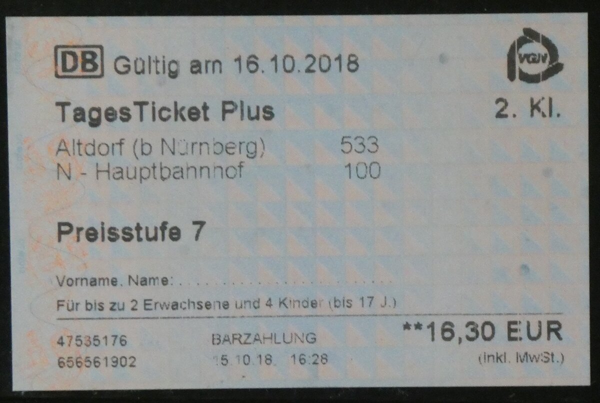 (266'159) - Aus Deutschland: VGN-Tageskarte vom 15. Oktober 2018 am 25. August 2024 in Thun